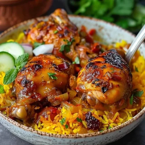 Saffron chicken with barberry rice, garnished with spices and herbs