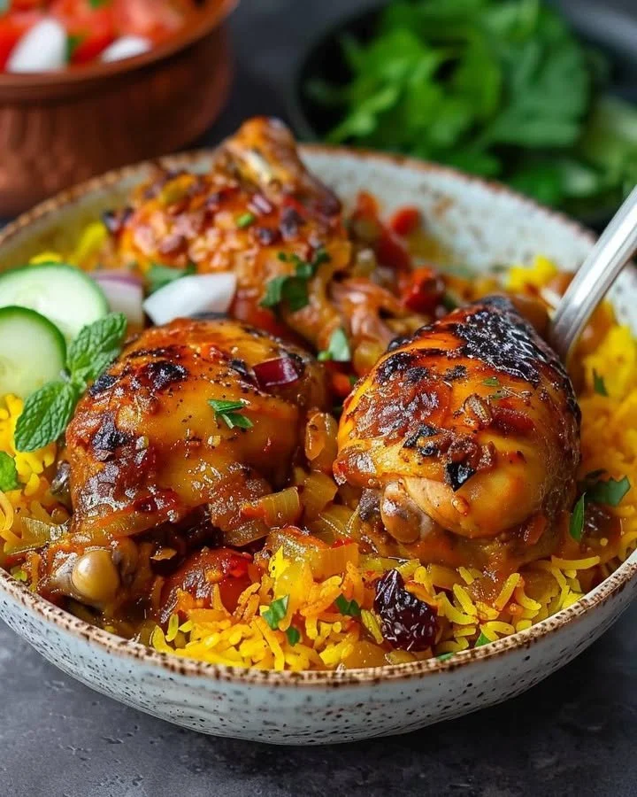 Saffron chicken with barberry rice, garnished with spices and herbs