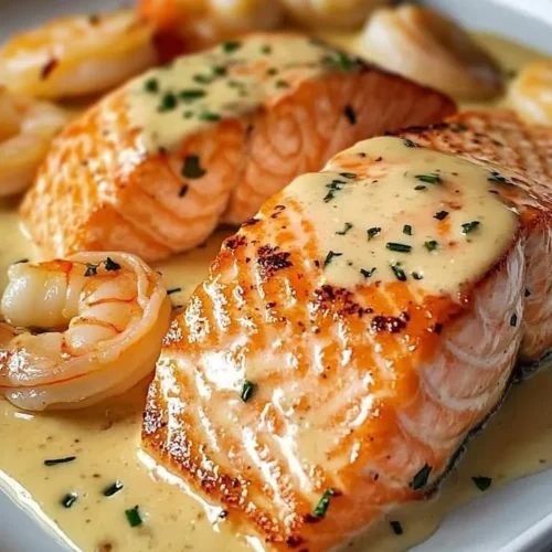Plate of Salmon and Shrimp with Creamy Garlic Sauce garnished with herbs