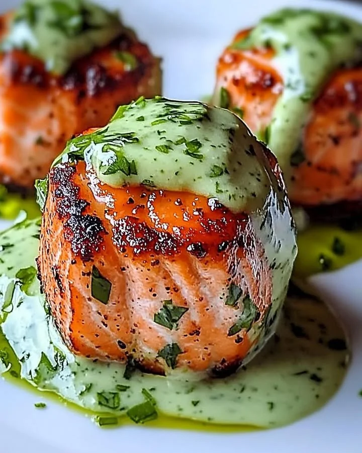 Salmon balls served with creamy avocado sauce on a plate