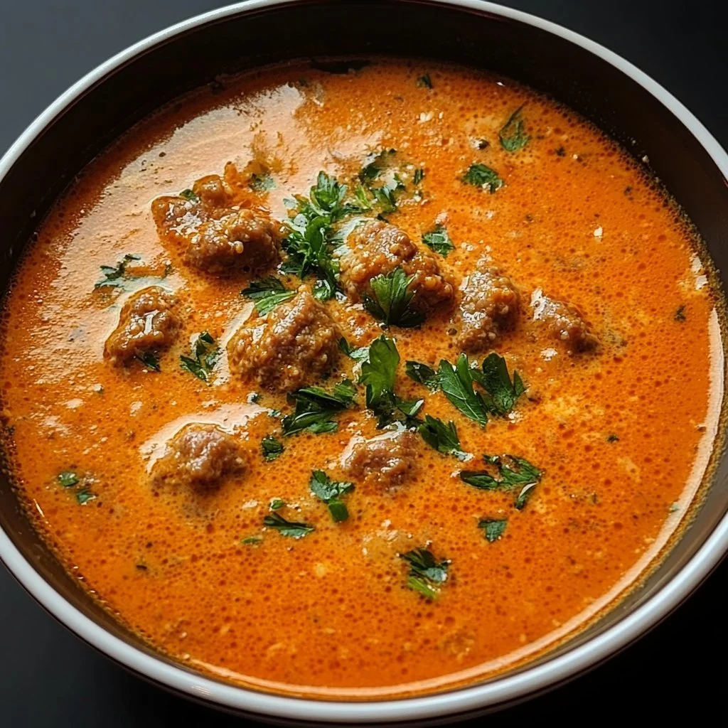 Sausage Tomato Cream Cheese Soup in a bowl garnished with herbs