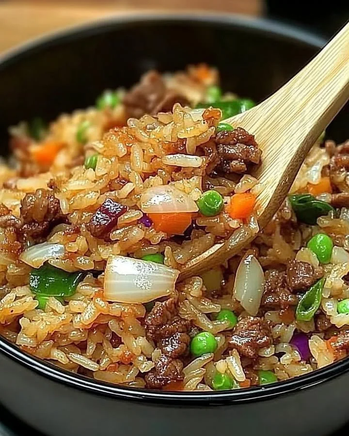 Delicious savory onion beef fried rice served in a bowl