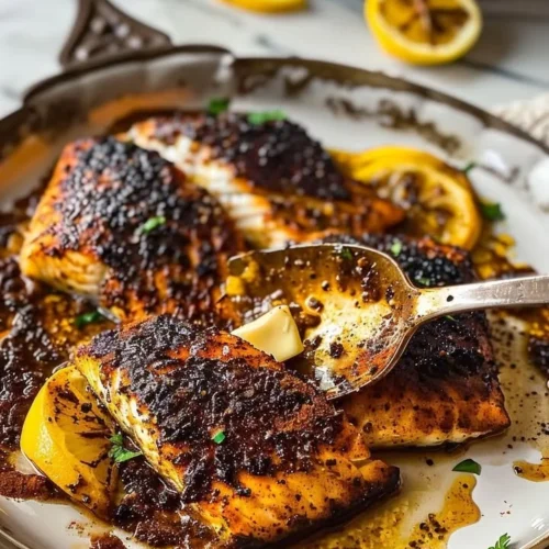 Deliciously prepared blackened cod served on a plate with fresh herbs.