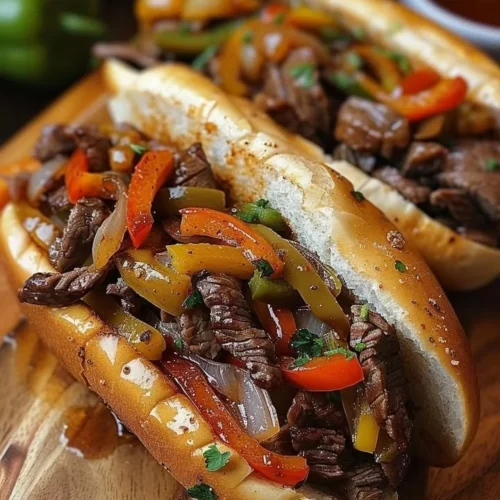 Savory Philly-Style Hoagie featuring tender steak, peppers, and provolone cheese