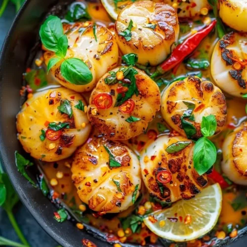 Delicious scallops garnished with Thai basil and chili sauce.