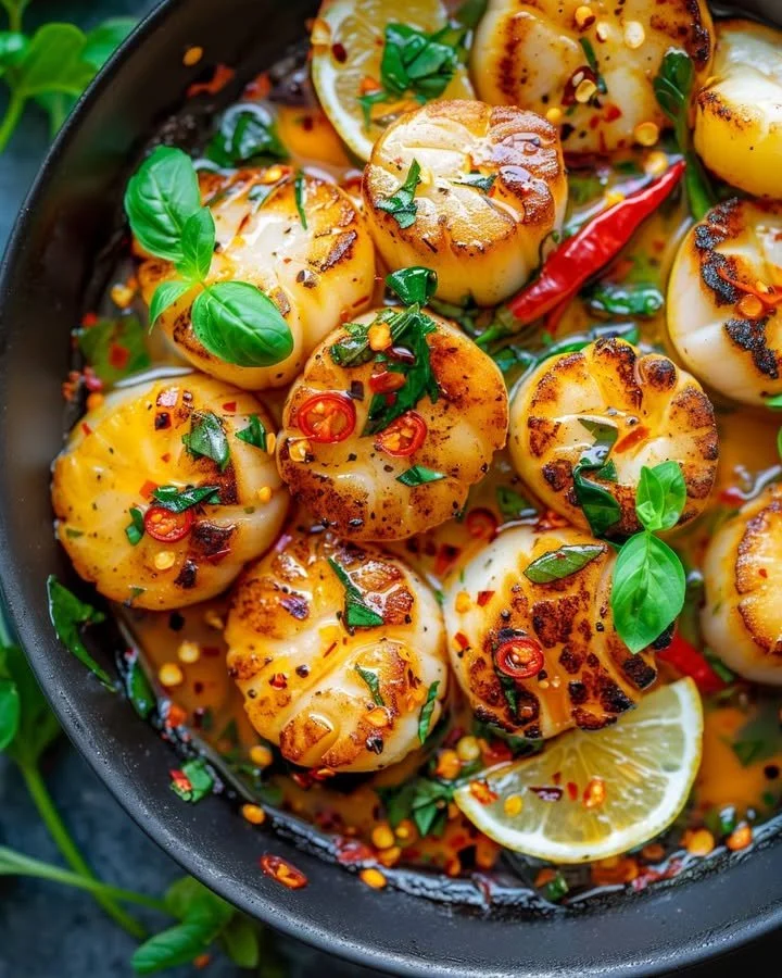 Delicious scallops garnished with Thai basil and chili sauce.