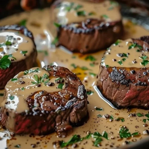 Seared filet mignon with shallot peppercorn cream sauce on a plate