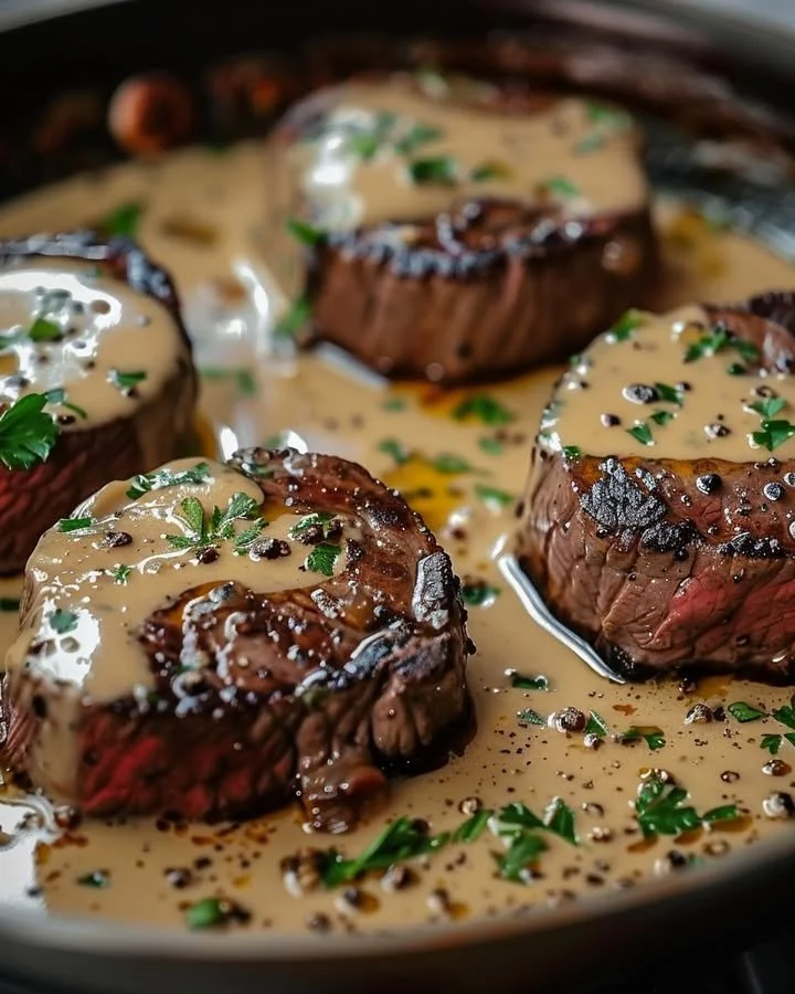 Seared filet mignon with shallot peppercorn cream sauce on a plate