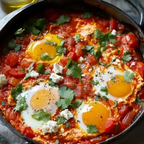Delicious Shakshuka with feta served in a skillet topped with fresh herbs.