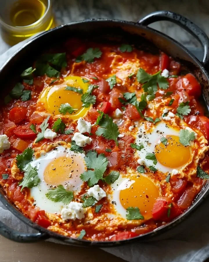 Delicious Shakshuka with feta served in a skillet topped with fresh herbs.
