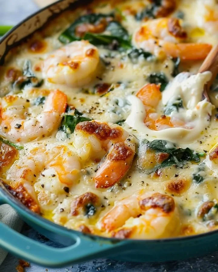 Delicious Shrimp Spinach Bake with creamy sauce and fresh ingredients