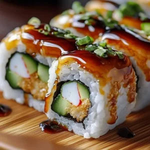 Delicious shrimp tempura roll served with dipping sauce and garnishes.