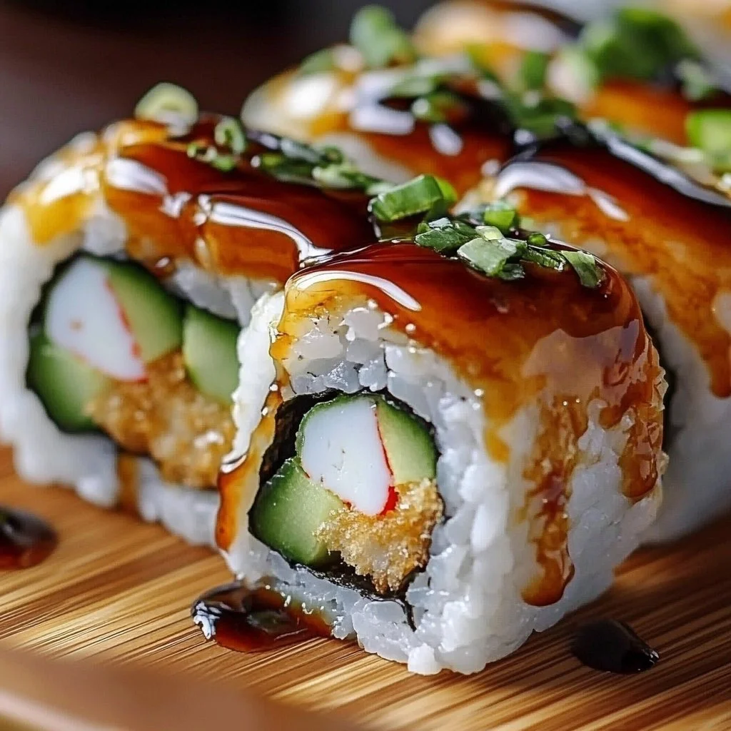 Delicious shrimp tempura roll served with dipping sauce and garnishes.