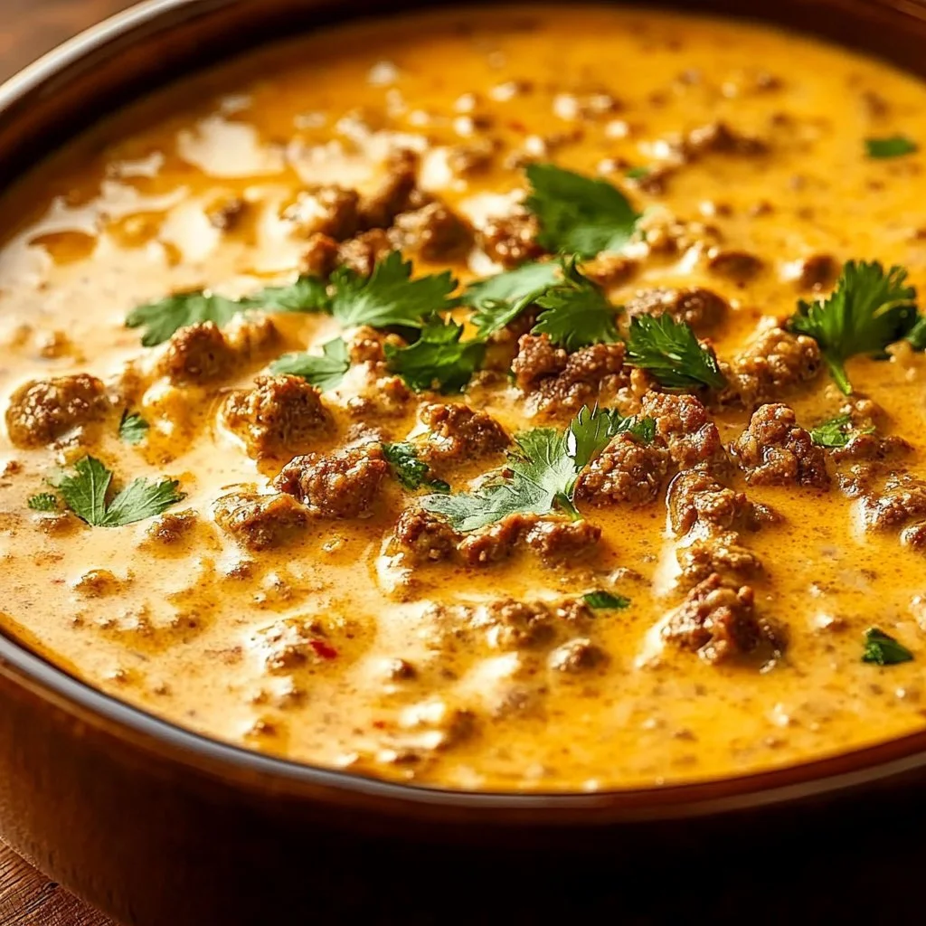 Simple Ground Beef Cottage Cheese Queso in a bowl with tortilla chips.