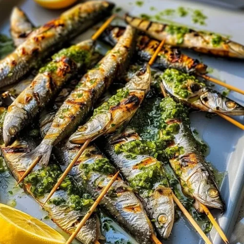 Sizzling sardine skewers grilled to perfection with vibrant seasonings.