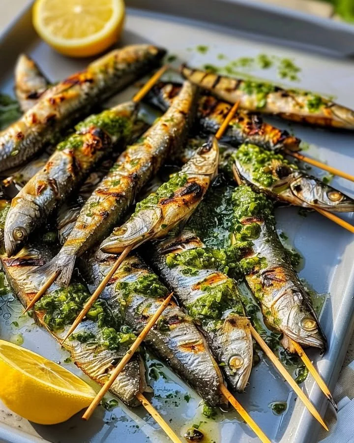 Sizzling sardine skewers grilled to perfection with vibrant seasonings.