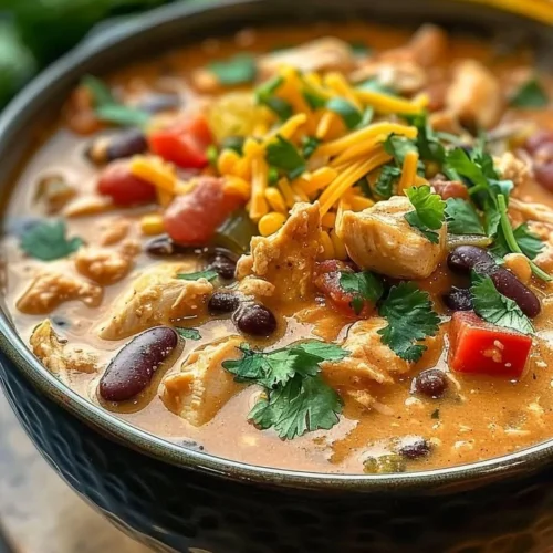 Bowl of creamy Slow Cooker Crack Chicken Chili topped with cheese and cilantro