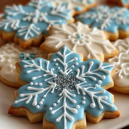 Decorative snowflake sugar cookies on a holiday plate