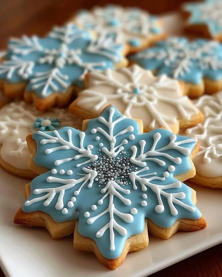 Decorative snowflake sugar cookies on a holiday plate