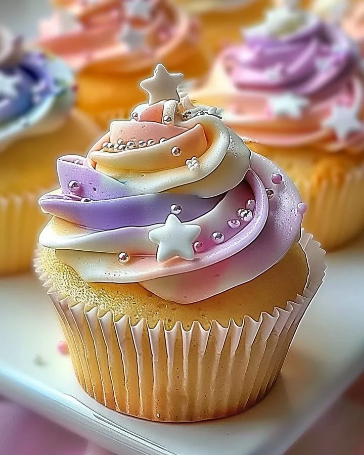 Soft pastel star cupcakes with buttercream frosting, perfect for celebrations.