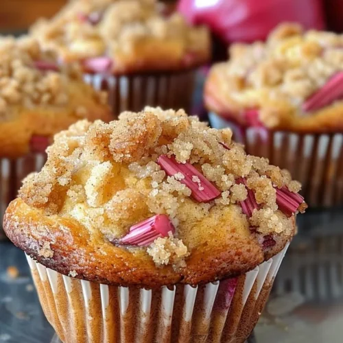 Deliciously baked soft rhubarb muffins with a cinnamon sugar topping.