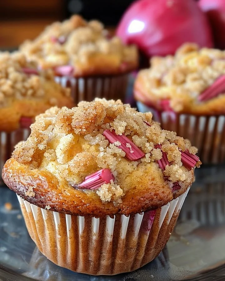 Deliciously baked soft rhubarb muffins with a cinnamon sugar topping.