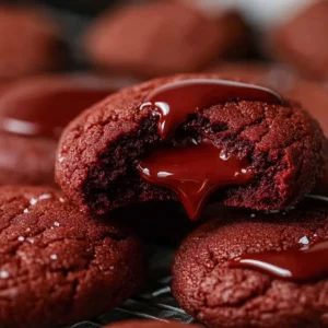 Soft red velvet cookies filled with Nutella on a wooden table