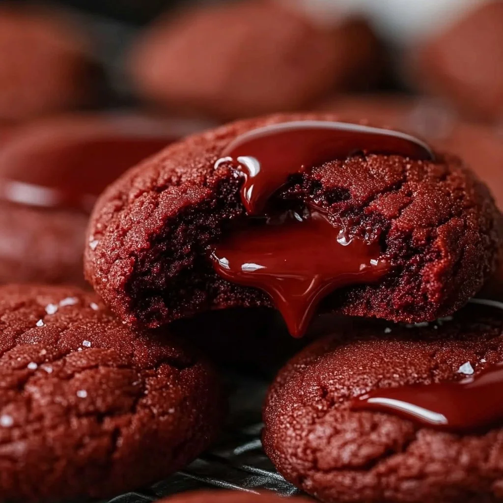 Soft red velvet cookies filled with Nutella on a wooden table