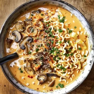 Bowl of spicy coconut curry ramen with vegetables and herbs.