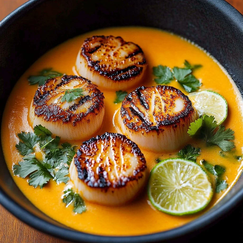 Bowl of spicy coconut lime soup garnished with fresh herbs and lime slices