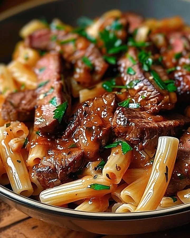 Delicious spicy honey BBQ steak pasta in a one-pan dish
