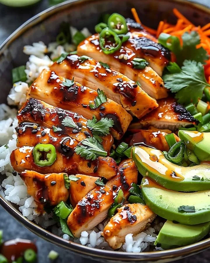 A bowl of spicy honey ginger chicken served with vegetables and rice