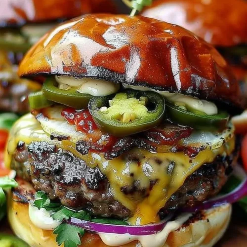 Spicy jalapeño and pepper jack burger with fresh toppings