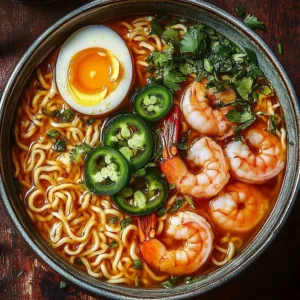 Spicy jalapeño cheddar ramen with sausage and shrimp in a bowl