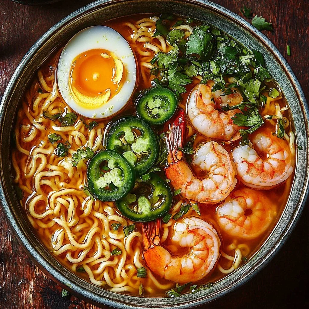 Spicy jalapeño cheddar ramen with sausage and shrimp in a bowl
