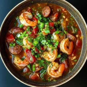 Bowl of spicy jambalaya soup with andouille sausage and chicken