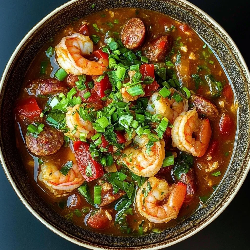 Bowl of spicy jambalaya soup with andouille sausage and chicken