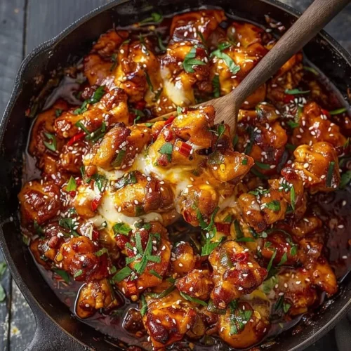 Delicious Spicy Korean Chicken with a cheesy topping ready to be served