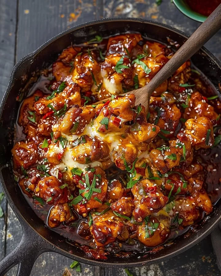 Delicious Spicy Korean Chicken with a cheesy topping ready to be served