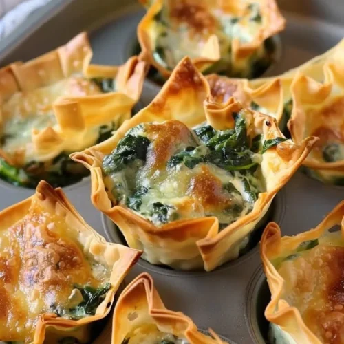 Spinach and artichoke wonton cups served on a plate as an appetizer.