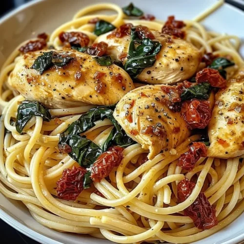 Delicious spinach and sun-dried tomato chicken pasta dish garnished with herbs
