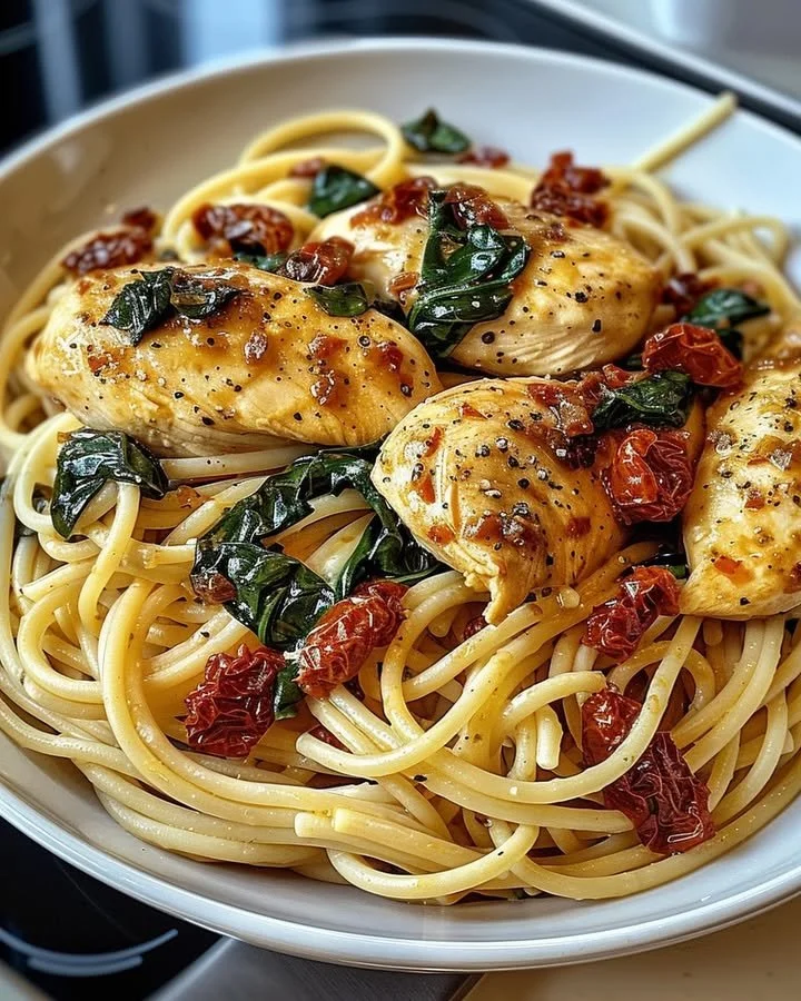 Delicious spinach and sun-dried tomato chicken pasta dish garnished with herbs