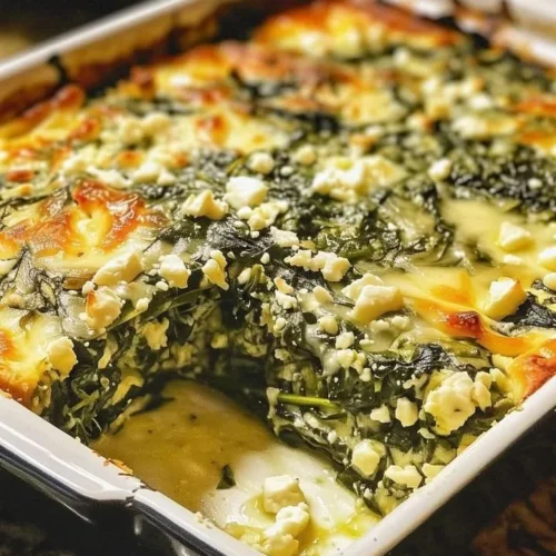 Creamy spinach casserole with feta cheese baked to perfection