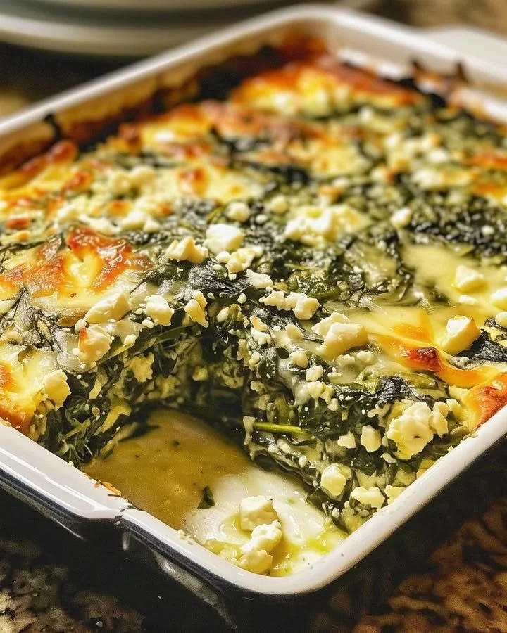 Creamy spinach casserole with feta cheese baked to perfection