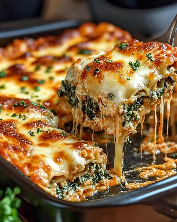 Spinach lasagna with ricotta and three cheeses baked to perfection