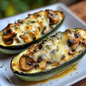 Delicious spinach, mushroom, and ricotta stuffed zucchini dish served on a plate.