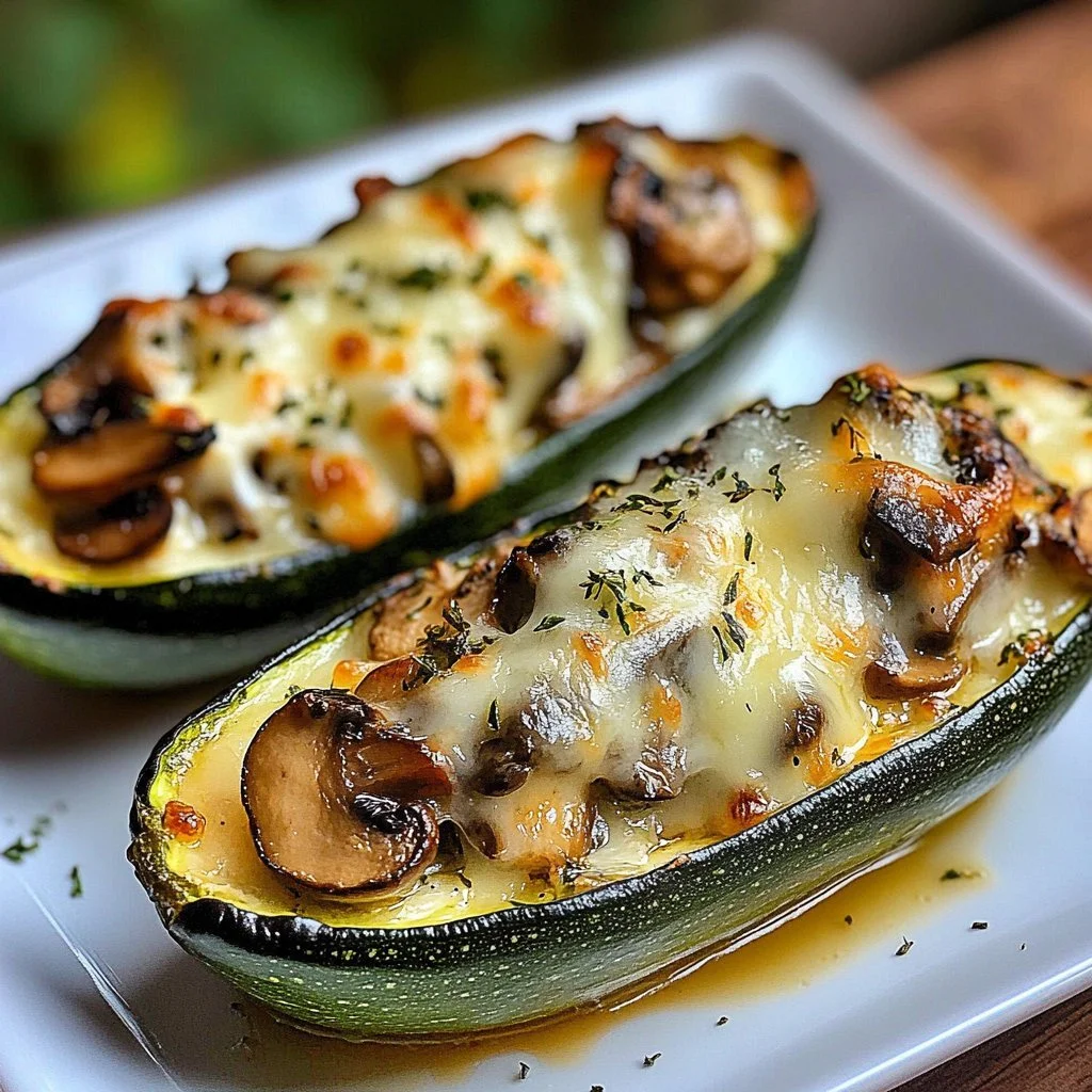 Delicious spinach, mushroom, and ricotta stuffed zucchini dish served on a plate.