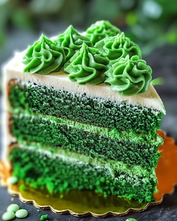 St. Patrick's Day green velvet cake topped with cream cheese frosting