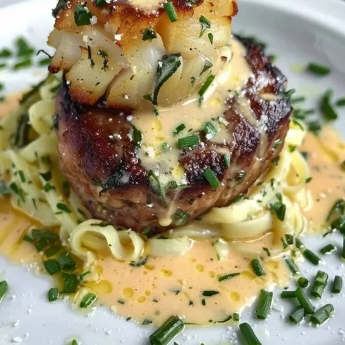 Delicious steak and crab cake served on a plate, a gourmet seafood and meat dish.
