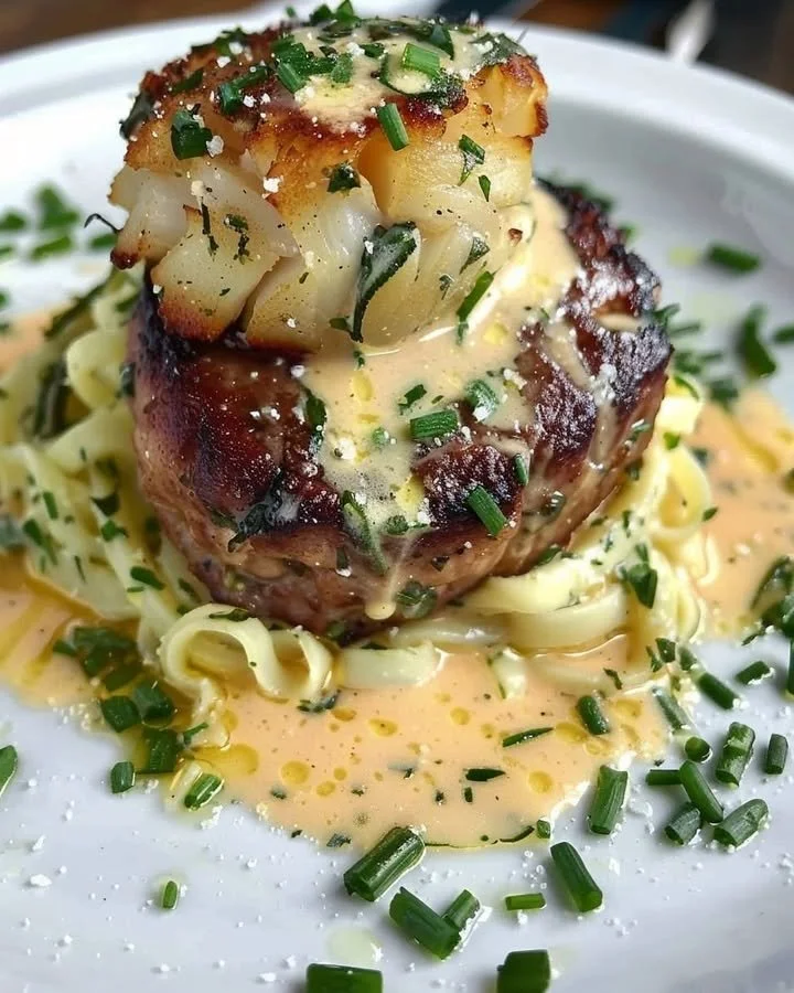 Delicious steak and crab cake served on a plate, a gourmet seafood and meat dish.